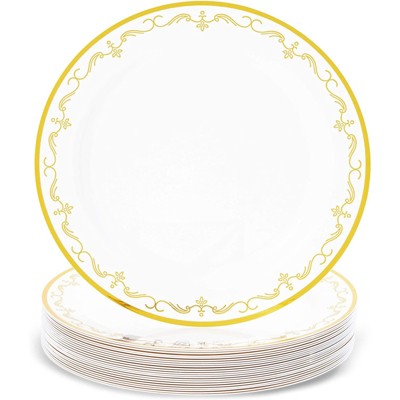 Juvale 24-Pack Gold Party Supplies, Disposable Plastic Dinner Plates, Decorative Gold Rim, Dinnerware, 9"