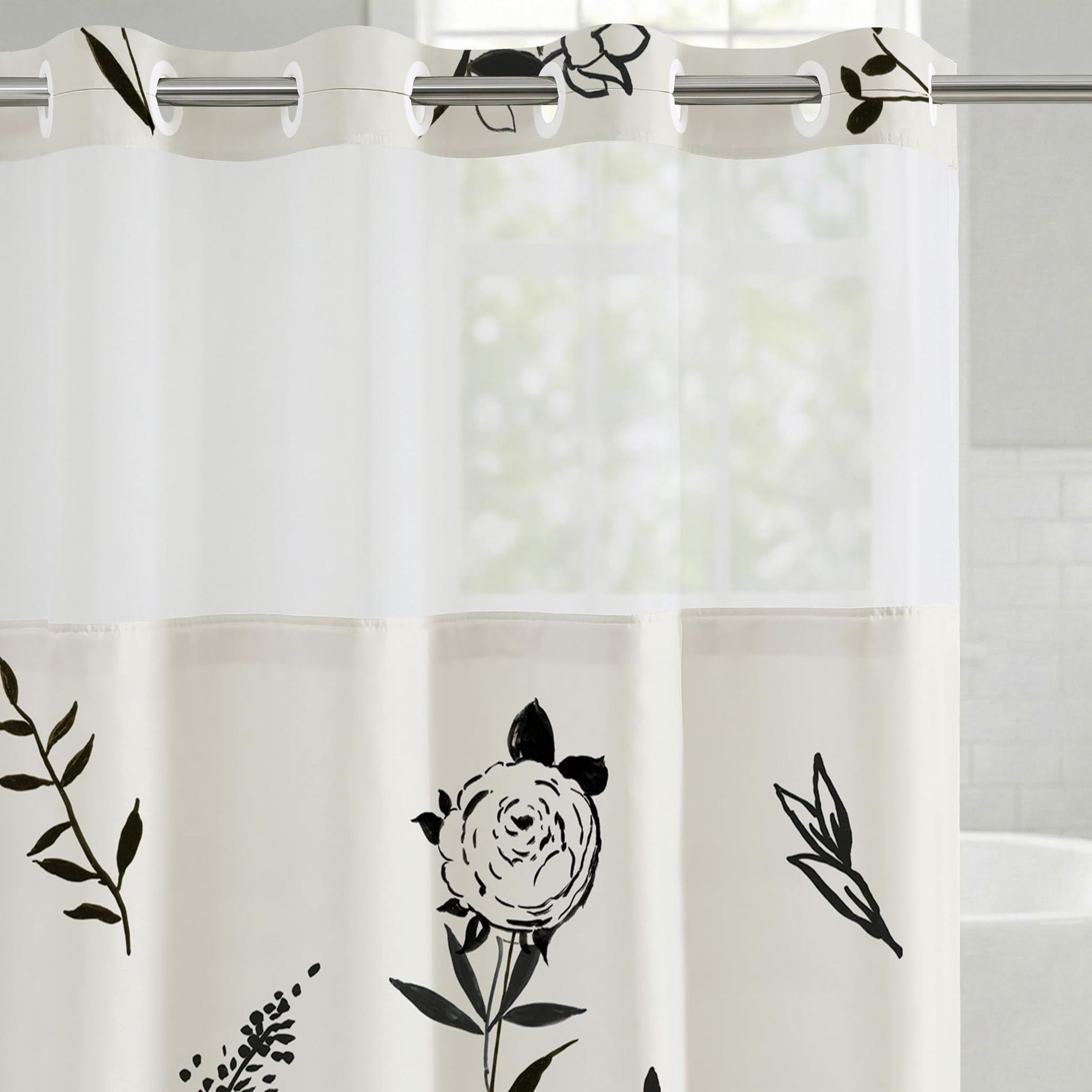Americanflat 72x75 Hookless Shower Curtain - Water-Resistant Floral Shower Curtain with Sheer Panel, Snap-In Liner, and Grommets - 100% Polyester