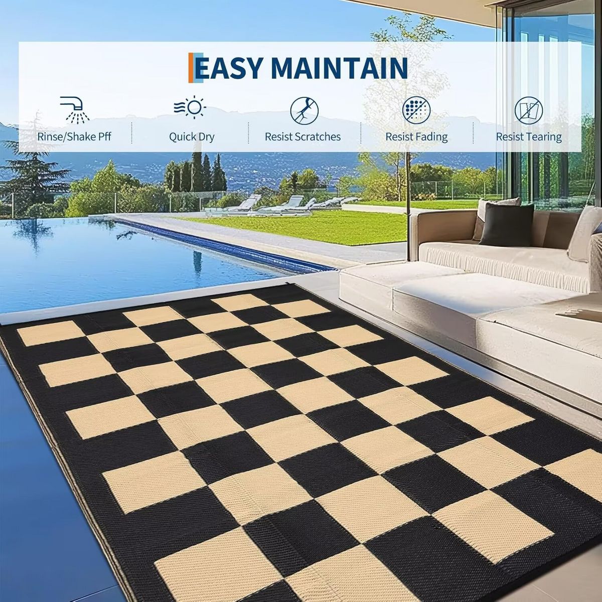 Garvee Outdoor Rug Checkerboard Geometric Plaid Pattern, Waterproof Plastic Straw Rug, UV Resistant Foldable Outdoor Rug for Picnic, Backyard, Deck - thumbnail 3