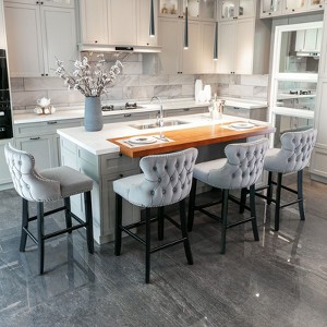 PAGED Bar Stools Set of 4 Modern Velvet Upholstered Barstools with Back, Wooden Legs and Button Tufted Design for Pub, Kitchen - 1 of 4