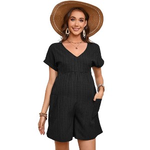 Coolmee Women's Jumpsuits V Neck Casual Summer Rolled Cuff Short Sleeve Wide Leg Short Pants High Waist Tunic Rompers with Side Pockets XL Black - 1 of 2