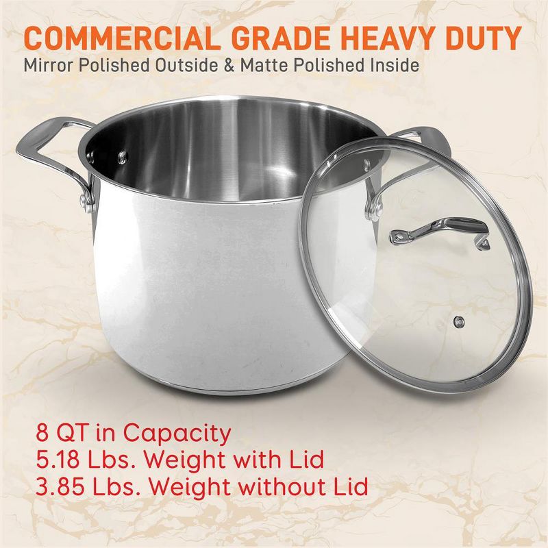 NutriChef Commercial Grade Heavy Duty 8 Quart Stainless Steel Stock Pot with Riveted Ergonomic Handles and Clear Tempered Glass Lid, 4 of 7