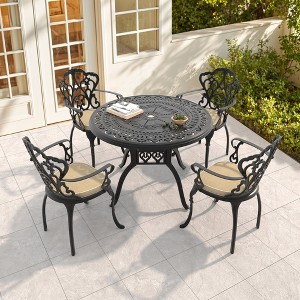 5-Piece Cast Aluminum Outdoor Dining Set with Beige Cushions, Round Table & Ergonomic Chairs - for Patio, Backyard - 1 of 4