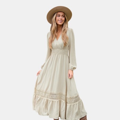 Women's Cream V-Neck Boho Chic Maxi Dress with Lace Trim - Cupshe