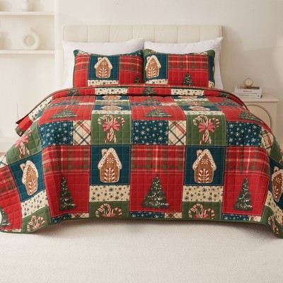 Hachikiko Christmas Patchwork Quilt Set,Gingerbread & Plaid Design,Polyester Bedspread with Shams