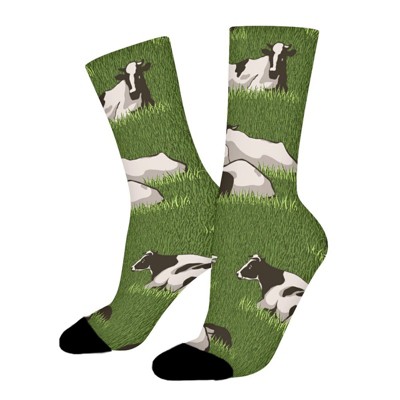 Cow Lying Meadow Women Printed Crew Socks Funny Funky Socks Soft Polyester Novelty Gifts for Artists Men