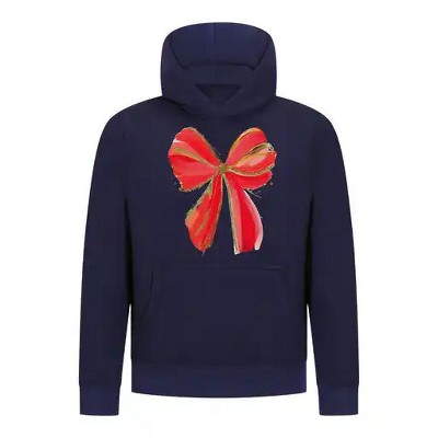 Everyday Kids Christmas Collection Festive Red & Gold Bow Girls Pullover Hoodie – Holiday Sweatshirt - Navy