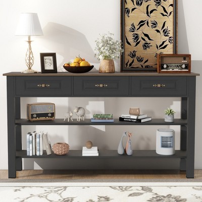 Bella Depot Retro 63" Wood Console Table with 3 Drawers and 2 Open Shelves
