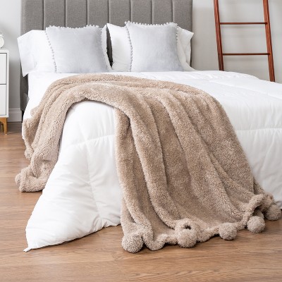 Twin Tan Taupe Sherpa Fleece Throw Blanket with Pom-Pom Fringe