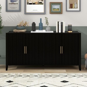 CAVINAS 63.1" Modern Sideboard with 4 Vertical Wavy Slatted Doors,Kitchen Storage Cabinets with Solid Wood Legs for Kitchen,Dining Room - 1 of 4