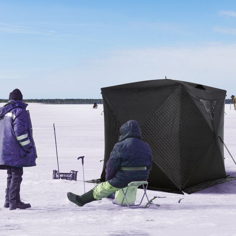 Outsunny 2 Person Ice Fishing Shelter with Padded Walls, Thermal Waterproof Portable Pop Up Ice Tent with 2 Doors, Black, 2 of 9