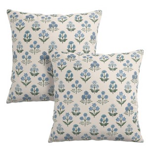 Floral Pillow Covers 18x18 Set of 2 Blue Green Block Print Throw Pillow Cases Vintage Flower Pattern Pillowcases - 1 of 4
