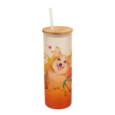 100 North 25 Ounce Frosted Glass Gradient Travel Tumbler With Straw & Wooden Lid, Corgi Dog Paint Splatter Orange