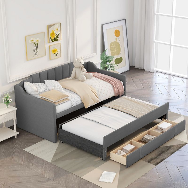 Twin Size Upholstered Daybed with Trundle Bed and Three Drawers-ModernLuxe, 1 of 10