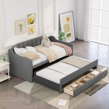 Twin Size Upholstered Daybed with Trundle Bed and Three Drawers-ModernLuxe