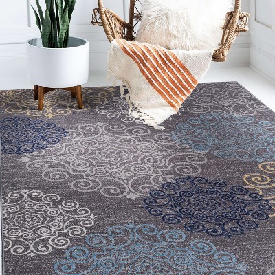 Gray and Blue Tufted Synthetic Rectangular Area Rug
