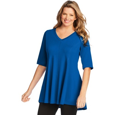 Woman Within Women's Plus Size Elbow Sleeve V-Neck Fit And Flare Tunic
