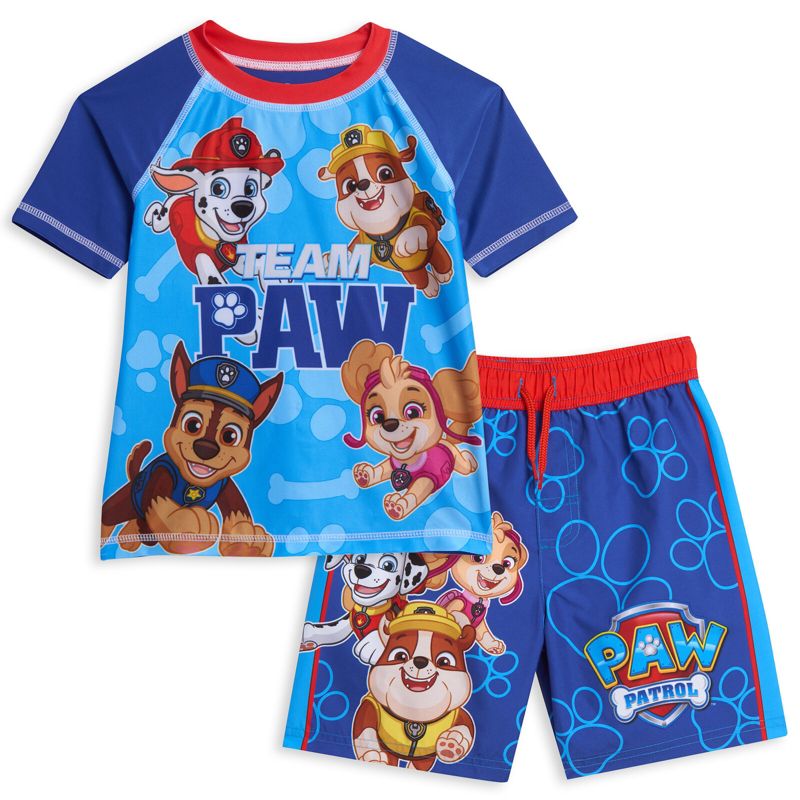 Paw Patrol Rubble Marshall Chase Pullover Rash Guard and Swim Trunks Outfit Set Little Kid, 1 of 8
