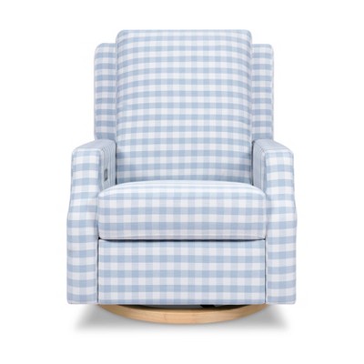 Blue Gingham Velvet Swivel Recliner with Light Wood Base