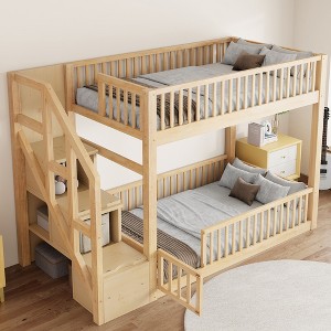 ModernLuxe Twin over Twin Floor Bunk Bed, Wooden Bed Frame with Storage Ladder - 1 of 4