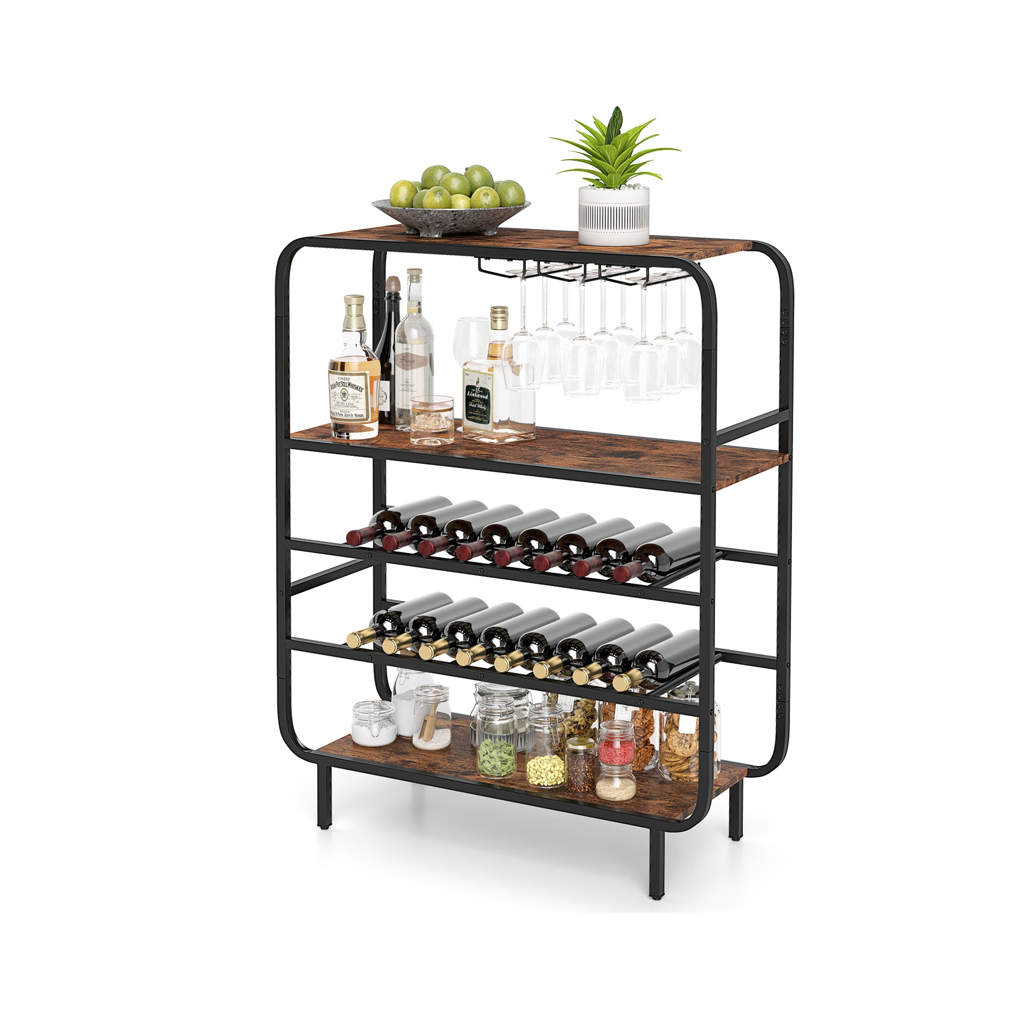 Costway 16 Bottle Drinks Rack w/ Glass Holders Metal Frame Storage Shelf for Kitchen