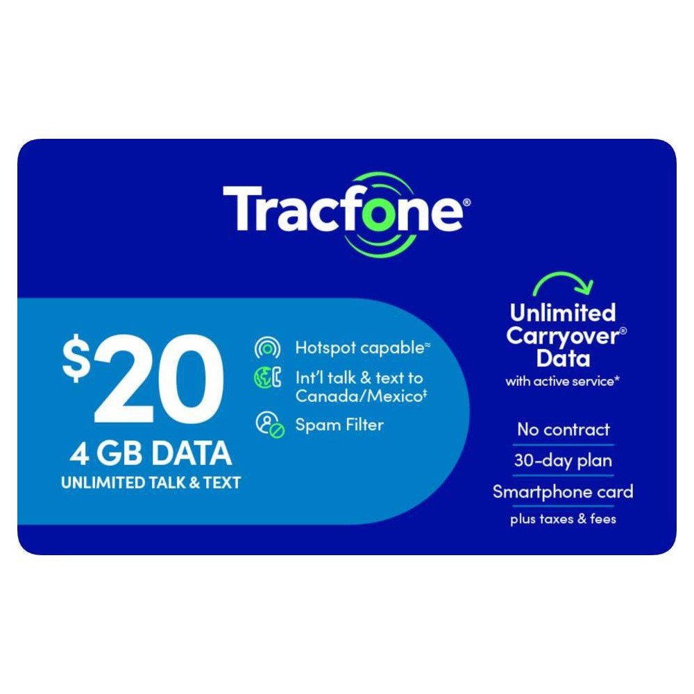 $20 Tracfone Unlimited Talk and Text, 4GB of Data/30 Days (Smartphone Only) (Email Delivery)