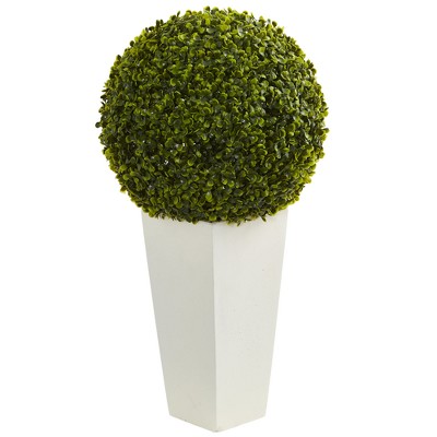 28" Boxwood Topiary Ball Artificial Plant In White Tower Planter - Nearly Natural