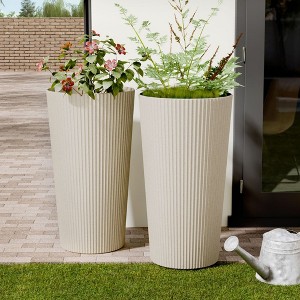 AZL1 Life Concept Planters City Flora Stylish 2Pcs Ribbed Plastic Tall Planters Ideal for Contemporary Design Fans and Gardeners, Beige, 13"*13"*23.6" - 1 of 4