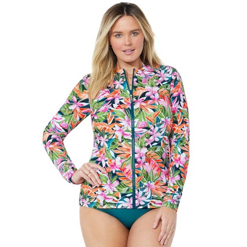 Swimsuits For All Women's Plus Size Chlorine Resistant Zip Front Long  Sleeve Swim Shirt - 14, Black : Target