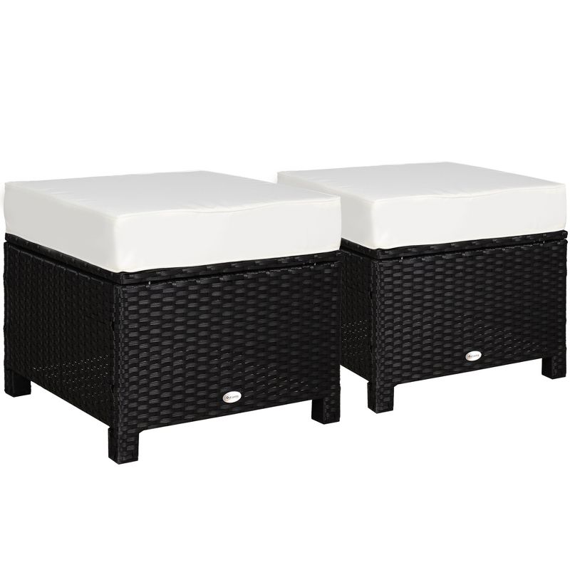 Outsunny 2 Pc 20" Outdoor PE Rattan Wicker Ottoman, Fade-Resistant Patio Footrest with Soft Cushion, Steel Frame, Black, White, 1 of 7