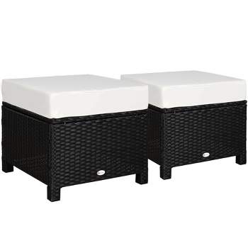Outsunny 2 Pc 20" Outdoor PE Rattan Wicker Ottoman, Fade-Resistant Patio Footrest with Soft Cushion, Steel Frame, Black, White