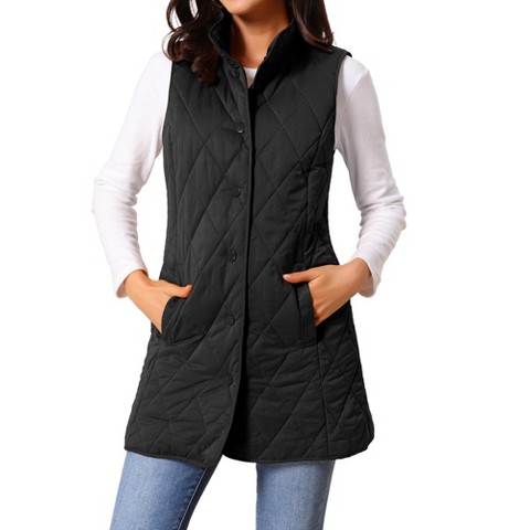 INSPIRE CHIC Women's Winter Stand Collar Sleeveless Lightweight Gilet Quilted Long Puffer Vest Black Small