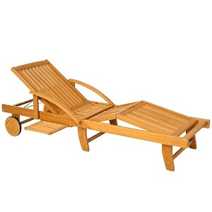 Outsunny Folding Lounge Chair, 4-Level Adjustable Tanning Chair with Wheels, Acacia Wood Patio Lounger with Extendable Table for Beach, Teak - 1 of 4