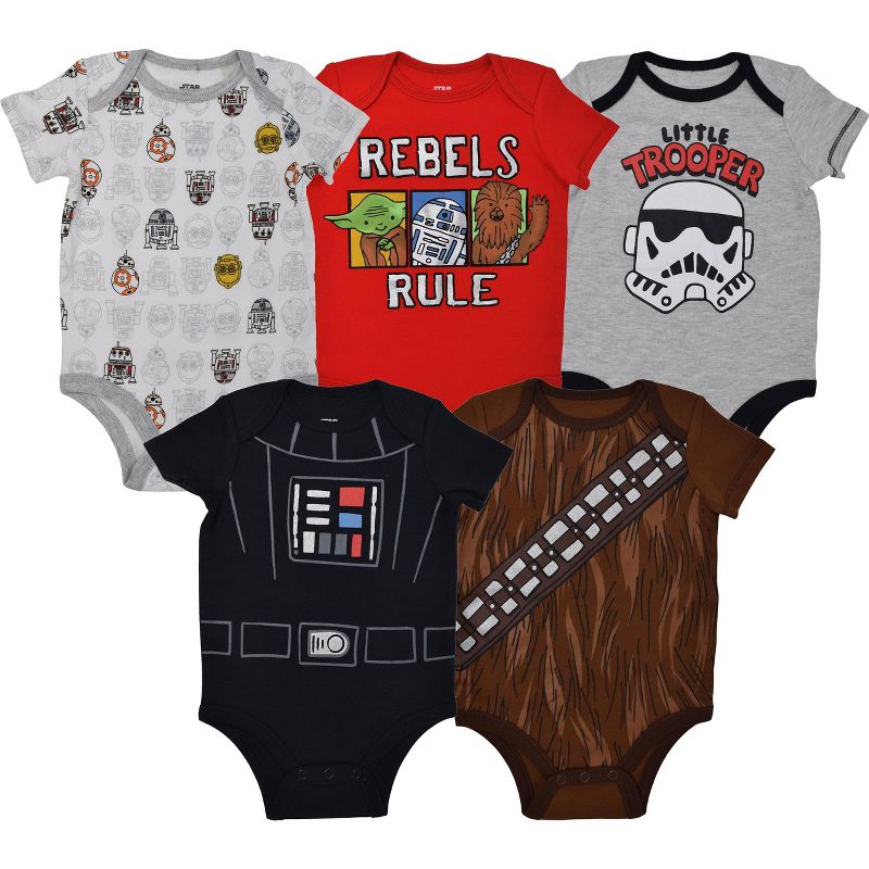 Star Wars Darth Vader Chewbacca Stormtrooper R2-D2 C-3PO Baby Boys 5 Pack Bodysuit , 1 of 7