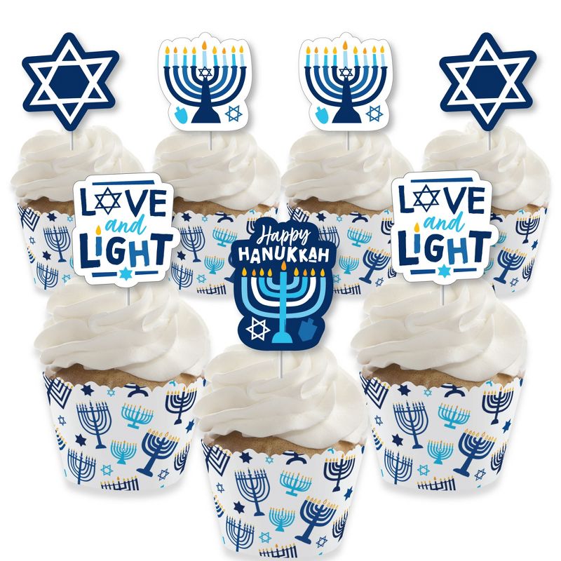 Big Dot of Happiness Hanukkah Menorah - Cupcake Decoration - Chanukah Holiday Party Cupcake Wrappers and Treat Picks Kit - Set of 24, 1 of 9