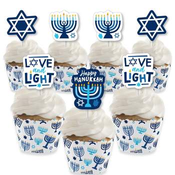 Big Dot of Happiness Hanukkah Menorah - Cupcake Decoration - Chanukah Holiday Party Cupcake Wrappers and Treat Picks Kit - Set of 24