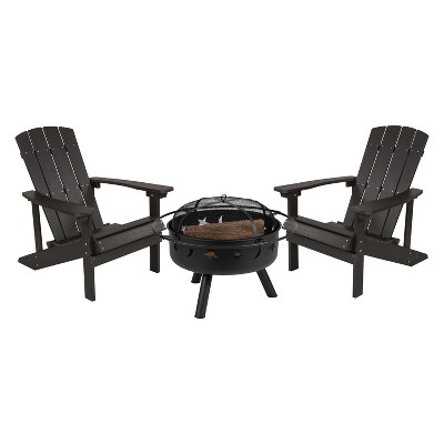 Emma and Oliver Three Piece Hartford Camping Set with Two Faux Wood Adirondack Chairs and Star and Moon Fire Pit with Mesh Cover
