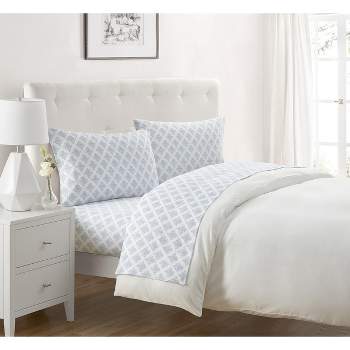 Kate Aurora Cozy Bed Collection 100% Cotton Flannel Winter Damask Blue & White 4 Piece Sheet Set