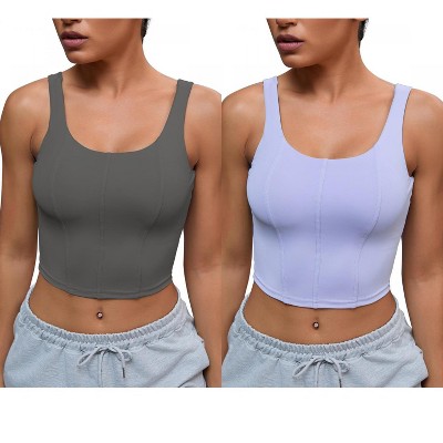 INSPIRE CHIC 2 Pcs Women's U Back Longline Padded Sports Bra Cami Crop Workout Fitness Tank Top with Built-in Bras