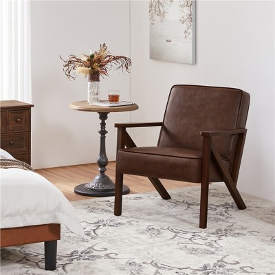 Dark Brown Faux Leather Mid-Century Modern Accent Chair