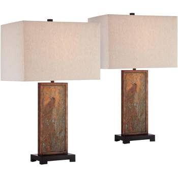 Franklin Iron Works Modern Table Lamps 30" Tall Set of 2 Natural Slate Stone Rectangular Box Shade for Living Room Family Bedroom Bedside