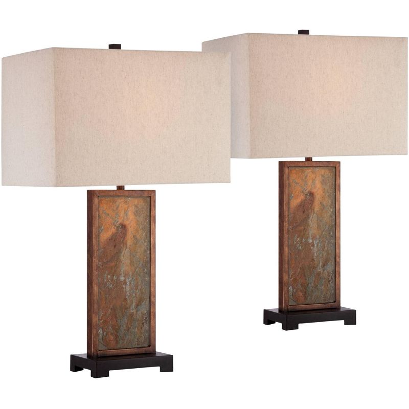 Franklin Iron Works Modern Table Lamps 30" Tall Set of 2 Natural Slate Stone Rectangular Box Shade for Living Room Family Bedroom Bedside, 1 of 8