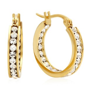 Steeltime Ladies stainless steel hoop earrings adorned with crystals. Color Options: Silver, Gold, Rose Gold - 1 of 4