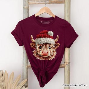 Highland Cow Santa Hat Christmas T-Shirt, Imitation Latch Hook Yarn Cozy Tee | OrnamentallyYou - 1 of 4