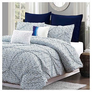 Blue Batik Pintuck Geometric Comforter Set (Queen) 7 Piece - Style Quarters , White Blue