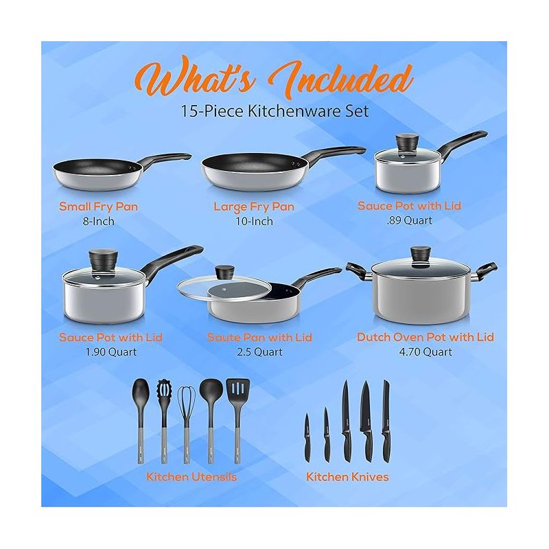 SereneLife 20 Piece Kitchenware Pots & Pans Set – Basic Kitchen Cookware, Black Non-Stick Coating Inside, Heat Resistant Lacquer (Grey), 2 of 8