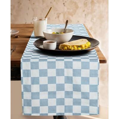 Folkulture Fall Table Runners, Checkered Boho Table Runners for Farmhouse Decor | White & Blue Table Runner for Fall Decor