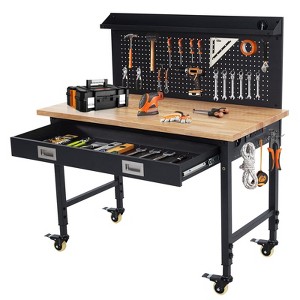 Garage Workbench with Drawer, Heavy Duty Work Table with Power Outlet & Wheels, Adjustable Height 2000LBS Capacity Workbench - 1 of 4