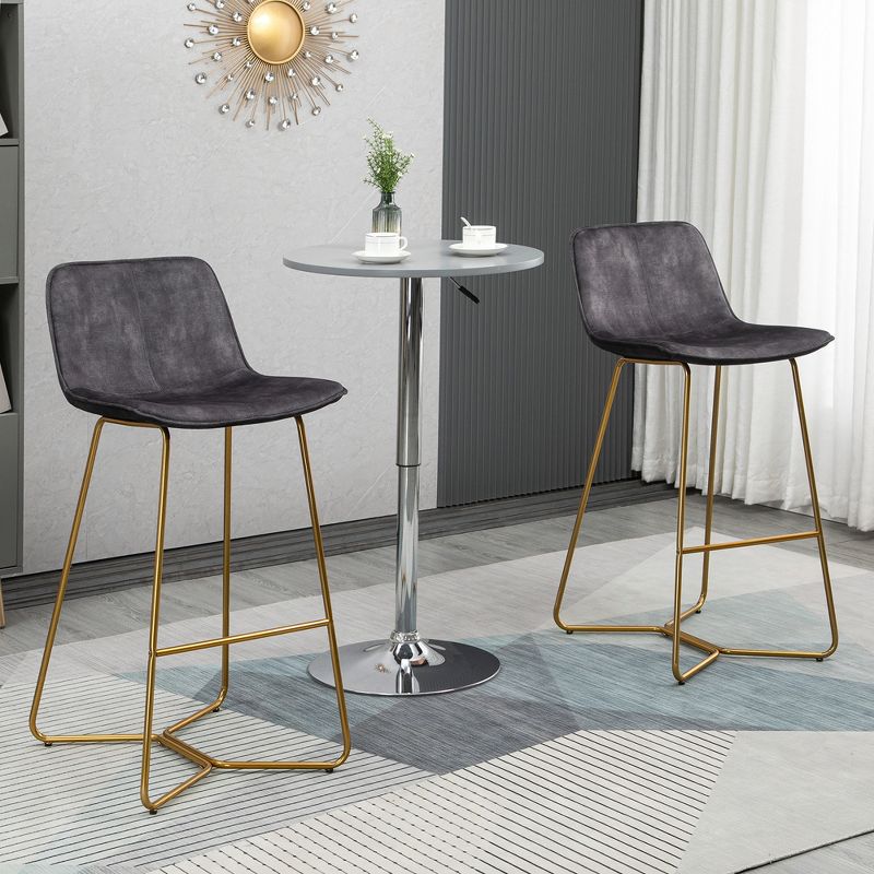 HOMCOM Tall Bar Stools, Velvet-Touch Fabric Bar Chairs, 30.25" Bar Height Stools with Gold-Tone Metal Legs for Dining Area, Home Bar, Set of 2, 3 of 7