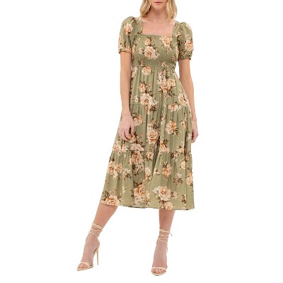 August Sky Women's Smocked Floral Puff Sleeves Midi Dress